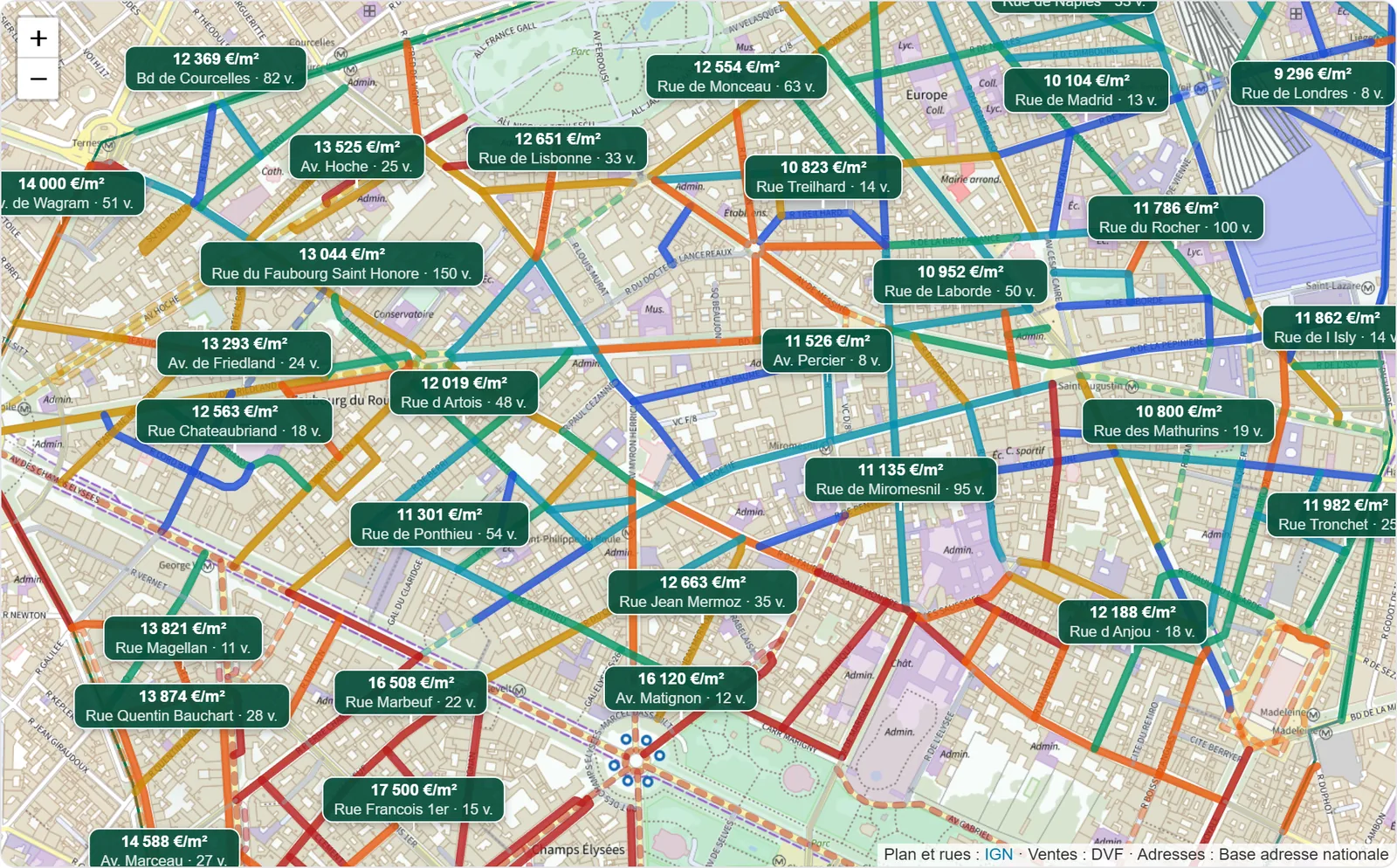 Carte des prix MDB Pilote : plan du 8e arrondissement de Paris, chaque rue colorée selon son prix au m² avec son étiquette de prix